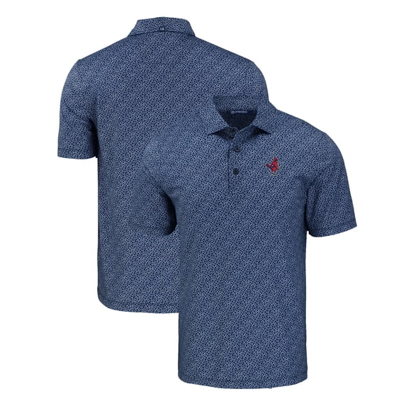Men's Cutter & Buck Navy Memphis Redbirds Pike Eco Pebble Print Stretch Recycled Polo