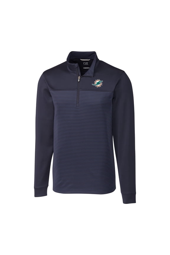 Men's Cutter & Buck Navy Miami Dolphins Big & Tall Traverse Stripe Quarter-Zip Pullover Jacket