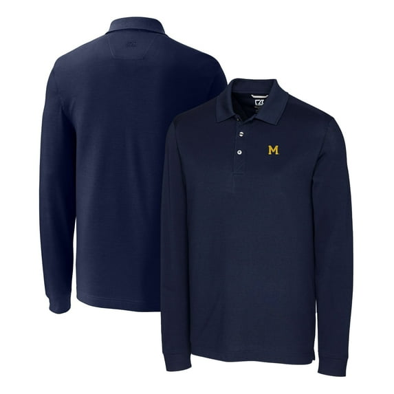 Men's Cutter & Buck Navy Michigan Wolverines Advantage Tri-Blend Pique Long Sleeve Polo