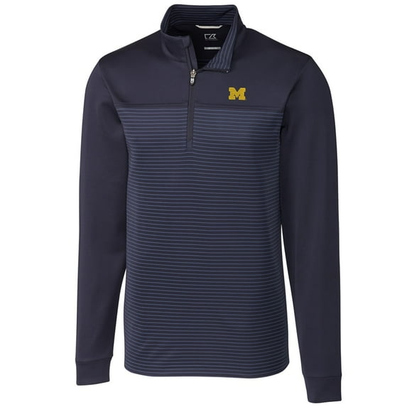 Men's Cutter & Buck Navy Michigan Wolverines Big & Tall Traverse Stripe Half-Zip Pullover Jacket