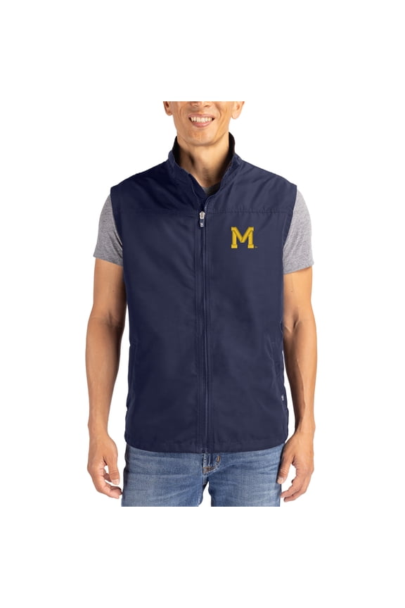 Men's Cutter & Buck Navy Michigan Wolverines Charter Eco Recycled Full-Zip Vest