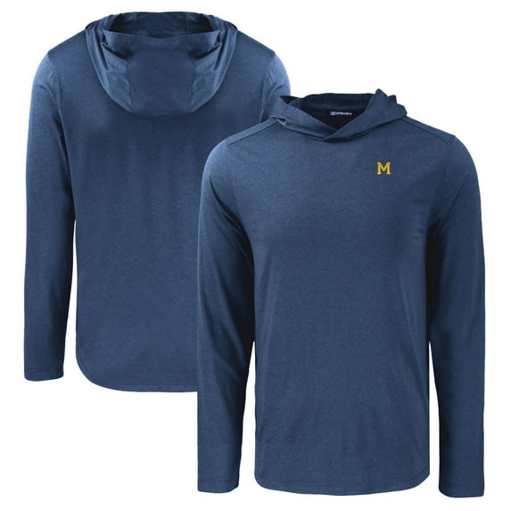 Men's Cutter & Buck Navy Michigan Wolverines Coastline Epic Comfort Eco Recycled Long Sleeve Hoodie T-Shirt
