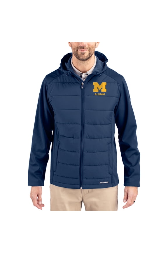 Men's Cutter & Buck Navy Michigan Wolverines Evoke Hybrid Eco Softshell Recycled Full Zip Hooded Jacket