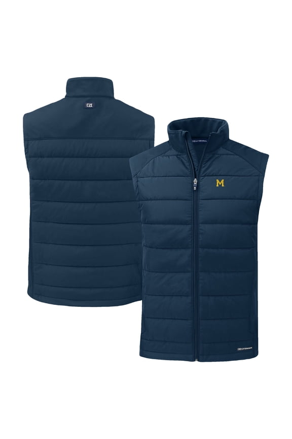 Men's Cutter & Buck Navy Michigan Wolverines Evoke Hybrid Eco Softshell Recycled Full-Zip Vest