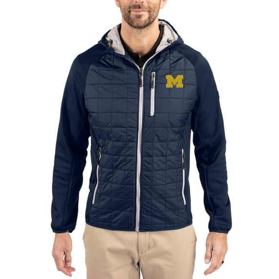 Men's-Cutter & Buck Navy Michigan Wolverines Rainier Eco Hybrid PrimaLoft Raglan Full-Zip Jacket