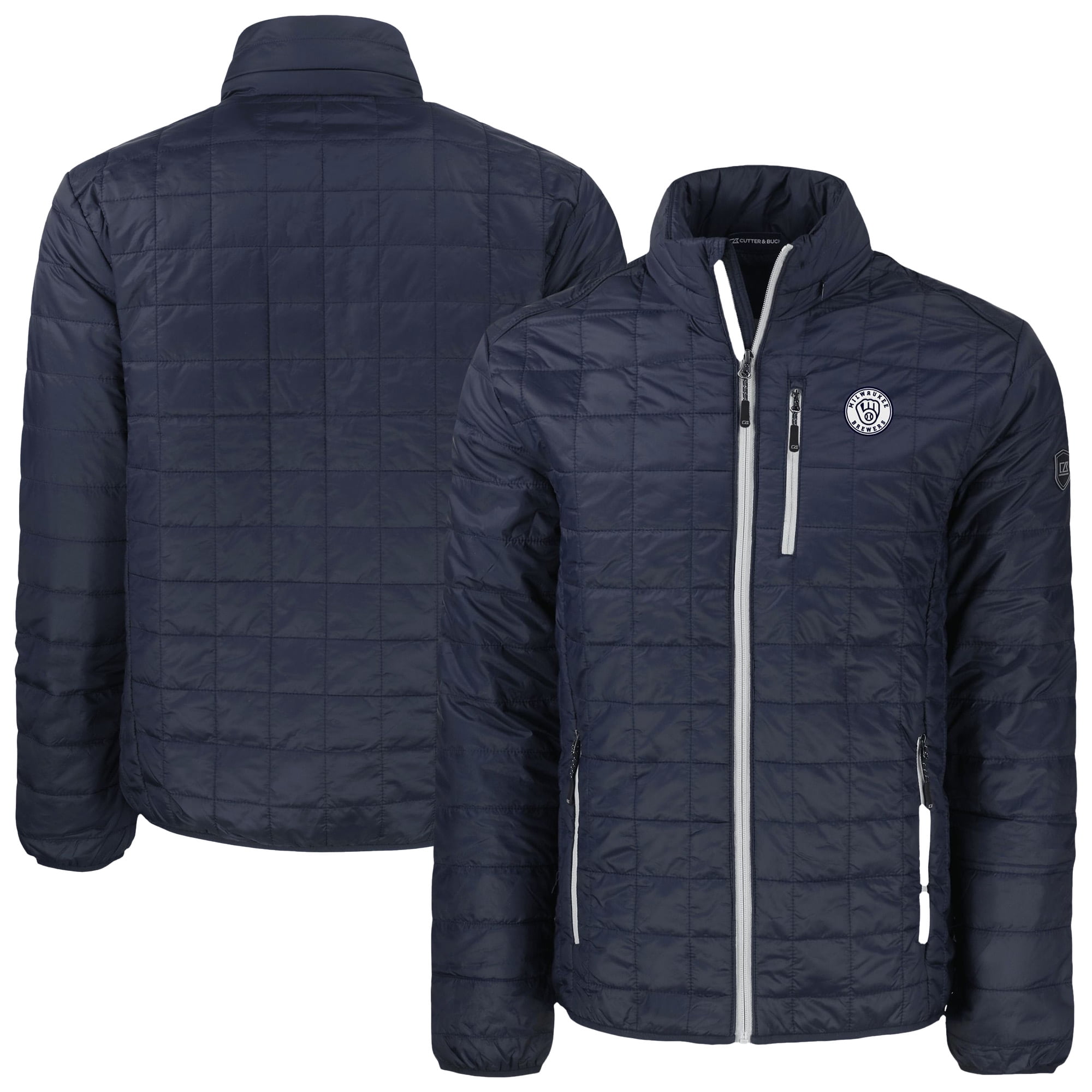 Men s Cutter Buck Navy Milwaukee Brewers Rainier PrimaLoft Eco Insulated Full Zip Hoodie Puffer Jacket Walmart