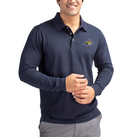 Men's Cutter & Buck Navy Montana State Bobcats Advantage Eco Tri-Blend Pique Long Sleeve Polo