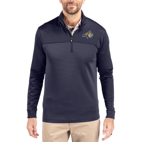 Men's-Cutter & Buck Navy Montana State Bobcats Traverse Stretch Eco Stripe DryTec Tri-Blend Quarter-Zip Pullover