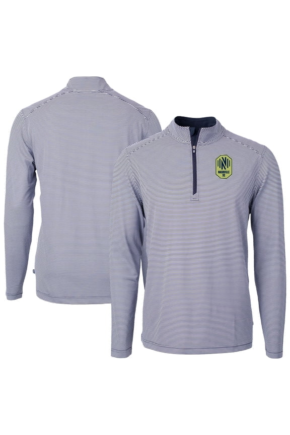 Men's Cutter & Buck Navy Nashville SC DryTec Virtue Eco Pique Micro Stripe Recycled Quarter-Zip Pullover Top