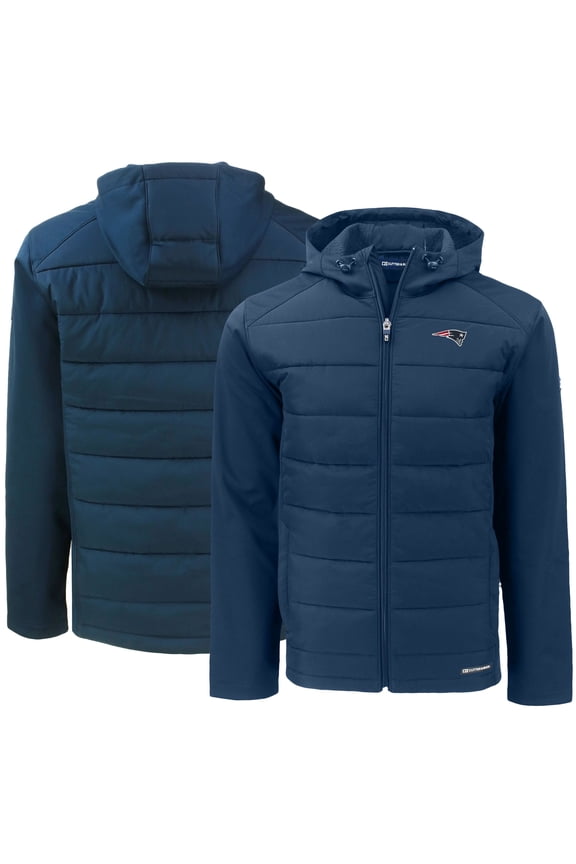 Men's Cutter & Buck Navy New England Patriots Evoke PrimaLoft Hybrid Eco Softshell Recycled Full-Zip Hooded Jacket