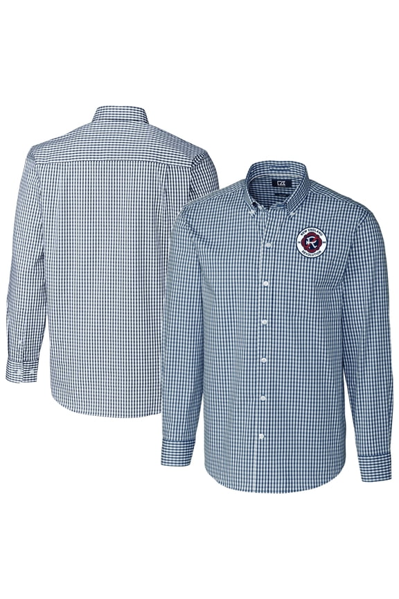 Men's Cutter & Buck Navy New England Revolution Big & Tall Easy Care Stretch Gingham Long Sleeve Dress Top