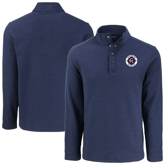 Men's-Cutter & Buck Navy New England Revolution Hunts Point Eco Textured Fleece Recycled Quarter-Snap Pullover