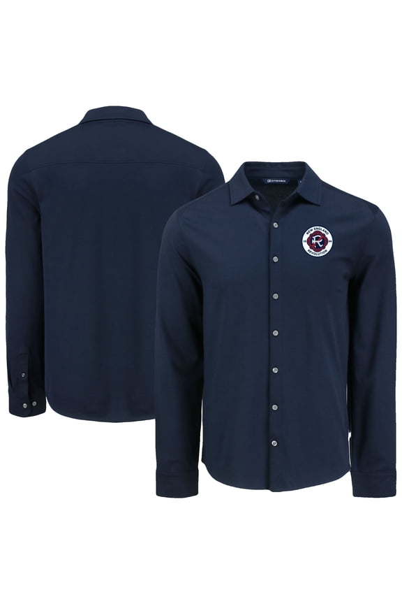 Men's Cutter & Buck Navy New England Revolution Knitted Advantage Tri-Blend Eco Soft Pique Long Sleeve Button-Up Shirt