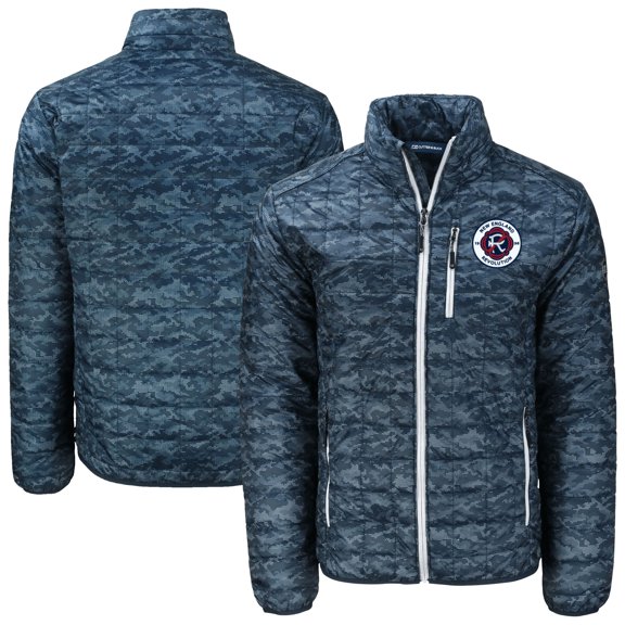 Men's Cutter & Buck Navy New England Revolution Rainier PrimaLoft- Eco Insulated Printed Full-Zip Hoodie Puffer Jacket