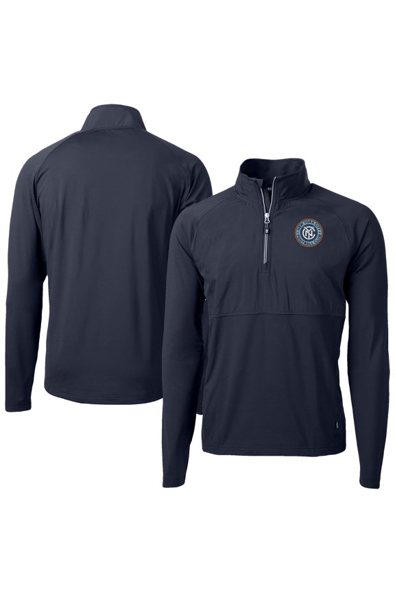 Men's-Cutter & Buck Navy New York City FC Adapt Eco Knit Hybrid Recycled Quarter-Zip Pullover Top