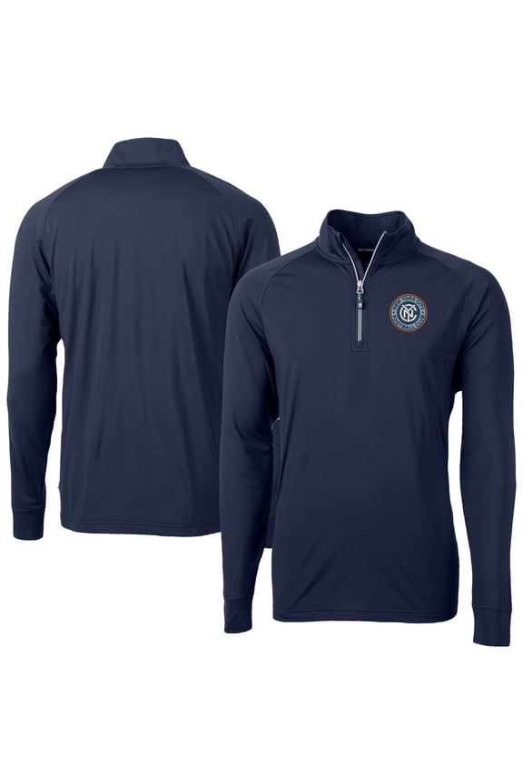 Men's-Cutter & Buck Navy New York City FC Adapt Eco Knit Stretch Recycled Raglan Quarter-Zip Pullover Top