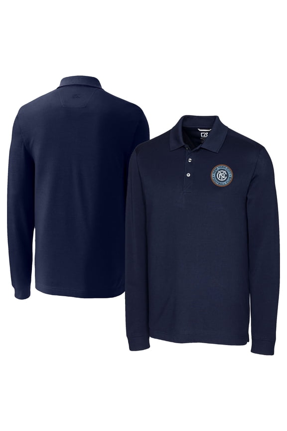 Men's Cutter & Buck Navy New York City FC Advantage Eco Tri-Blend Pique Long Sleeve Polo