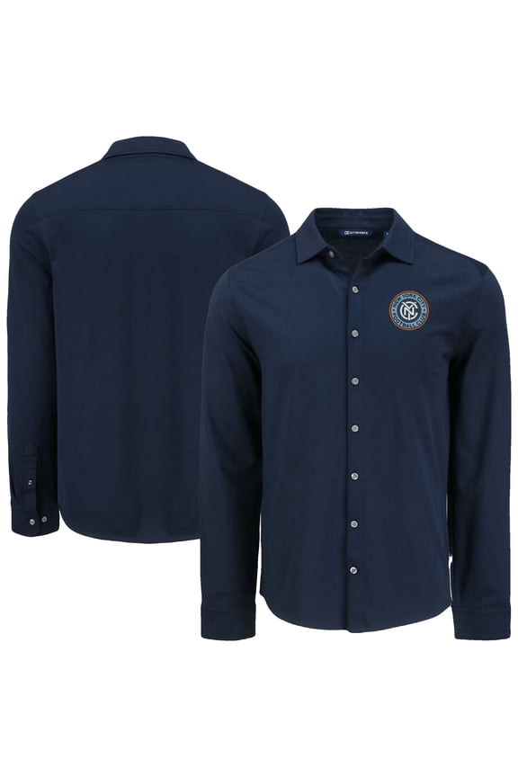 Men's Cutter & Buck Navy New York City FC Knitted Advantage Tri-Blend Eco Soft Pique Long Sleeve Button-Up Shirt