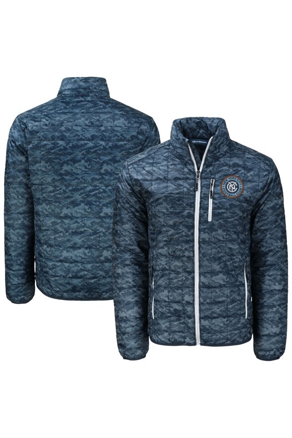 Men's Cutter & Buck Navy New York City FC Rainier PrimaLoft- Eco Insulated Printed Full-Zip Hoodie Puffer Jacket