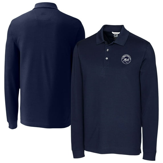 Men's Cutter & Buck Navy New York Mets Advantage DryTec Tri-Blend Long Sleeve Polo