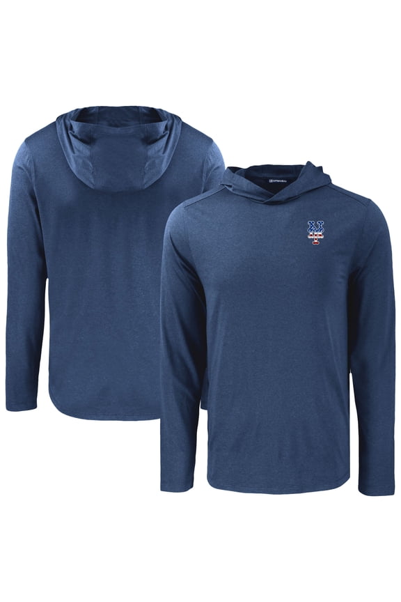 Men's Cutter & Buck Navy New York Mets Coastline Epic Comfort Recycled Eco Hoodie Long Sleeve T-Shirt
