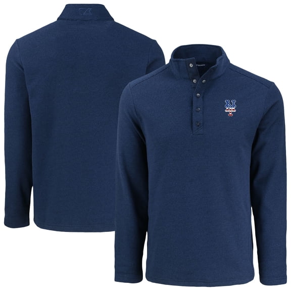 Men's Cutter & Buck Navy New York Mets Hunts Point Eco Textured Fleece Recycled Half-Snap Sweatshirt