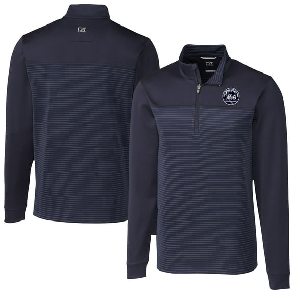 Men's Cutter & Buck Navy New York Mets Traverse Eco Stripe Tri-Blend DryTec Quarter-Zip Jacket