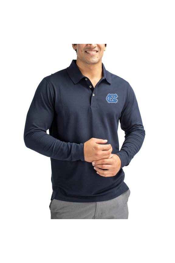 Men's Cutter & Buck Navy North Carolina Tar Heels Advantage Eco Tri-Blend Pique Long Sleeve Polo