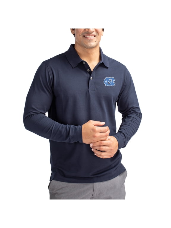 Men's Cutter & Buck Navy North Carolina Tar Heels Advantage Eco Tri-Blend Pique Long Sleeve Polo