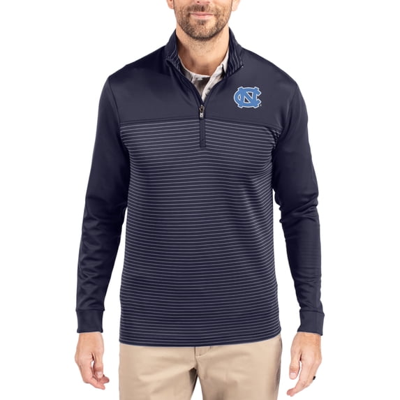 Men's-Cutter & Buck Navy North Carolina Tar Heels Traverse Stretch Eco Stripe DryTec Tri-Blend Quarter-Zip Pullover