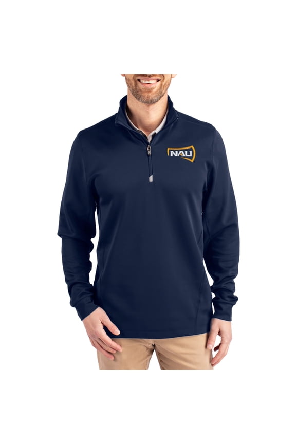 Men's-Cutter & Buck Navy Northern Arizona Lumberjacks DryTec Traverse Stretch Eco Tri-Blend Quarter-Zip Pullover