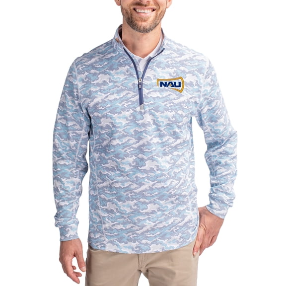Men's-Cutter & Buck  Navy Northern Arizona Lumberjacks Traverse Stretch Eco Camo DryTec Tri-Blend Quarter-Zip Pullover