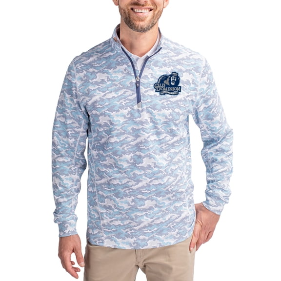Men's-Cutter & Buck Navy Old Dominion Monarchs Traverse Stretch Eco Camo DryTec Tri-Blend Quarter-Zip Pullover