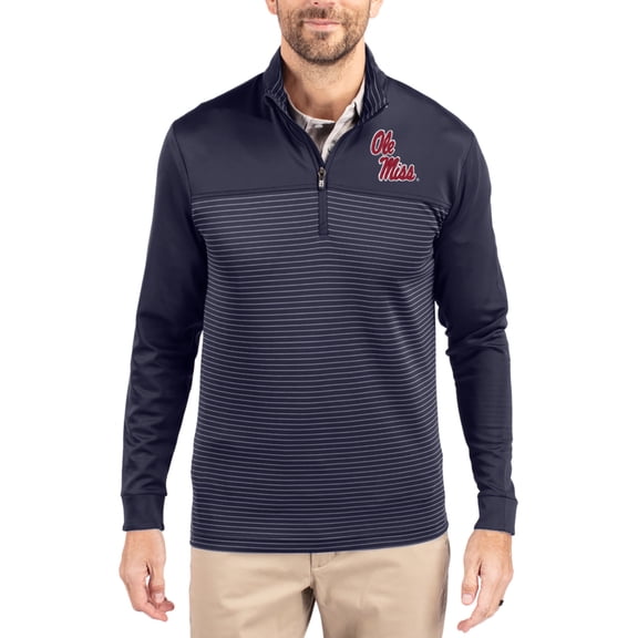 Men's-Cutter & Buck Navy Ole Miss Rebels Traverse Stretch Eco Stripe DryTec Tri-Blend Quarter-Zip Pullover