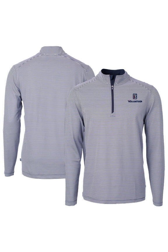 Men's Cutter & Buck Navy PGA TOUR Volunteers Big & Tall Virtue Eco Pique Micro Stripe Recycled Quarter-Zip Pullover Top