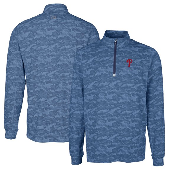 Men's Cutter & Buck Navy Philadelphia Phillies Traverse Camo Print Stretch Quarter-Zip Pullover Top
