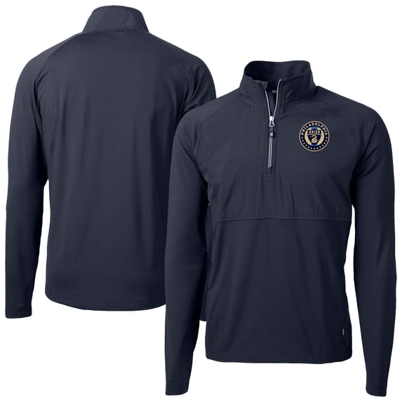 Men's-Cutter & Buck Navy/ Philadelphia Union Adapt Eco Knit Hybrid Recycled Raglan Quarter-Zip Top