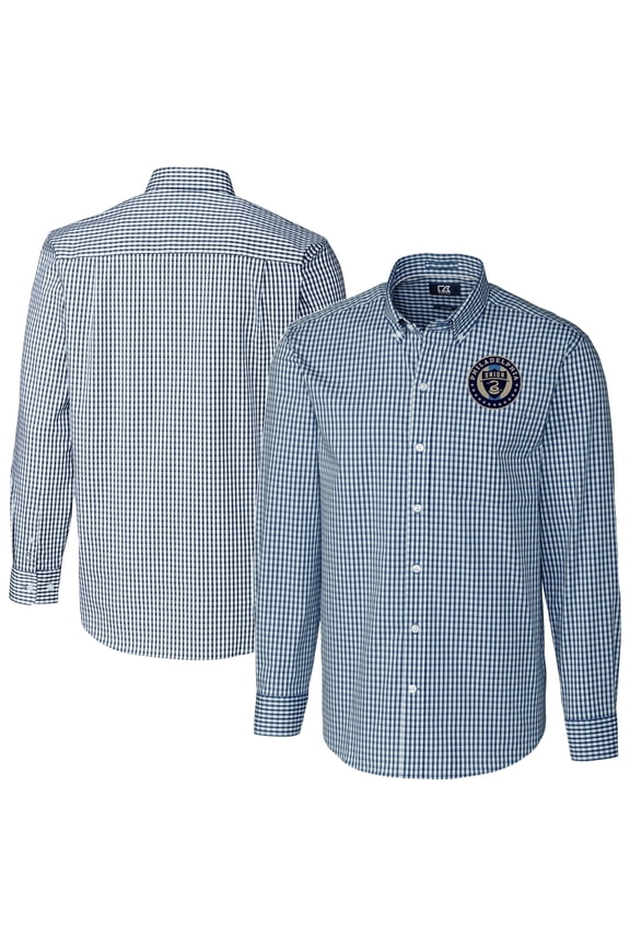 Men's-Cutter & Buck  Navy Philadelphia Union Easy Care Stretch Gingham Long Sleeve Dress Top