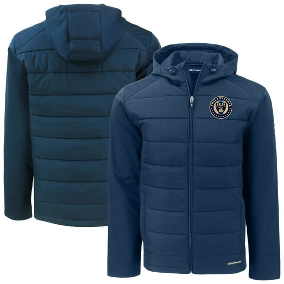 Men's-Cutter & Buck Navy Philadelphia Union Evoke Hybrid Eco Softshell Recycled Full Zip Hooded Jacket