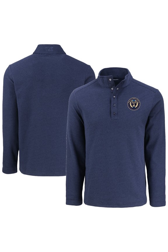 Men's-Cutter & Buck  Navy Philadelphia Union Hunts Point Eco Textured Fleece Recycled Quarter-Snap Pullover Top