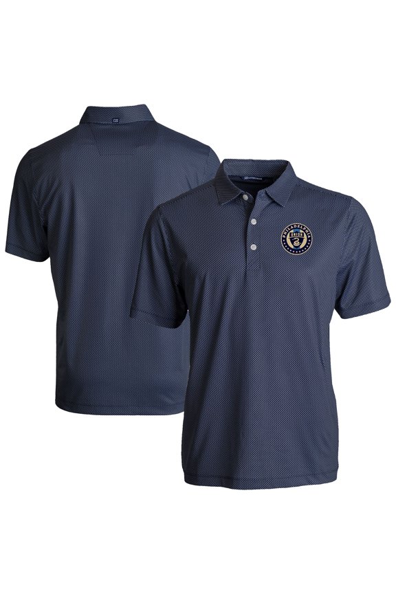 Men's-Cutter & Buck  Navy Philadelphia Union Pike Eco Symmetry Print Stretch Recycled Polo