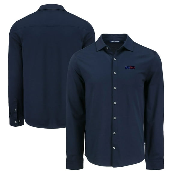 Men's Cutter & Buck Navy Pittsburgh Steelers Knitted Advantage Tri-Blend Eco Soft Pique Long Sleeve Button-Up Shirt
