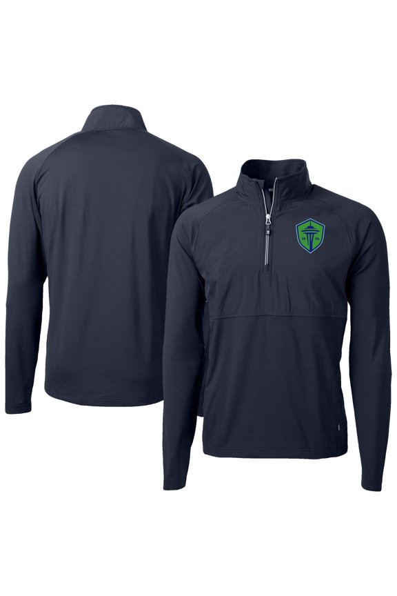 Men's-Cutter & Buck Navy/ Seattle Sounders FC Adapt Eco Knit Hybrid Recycled Raglan Quarter-Zip Top