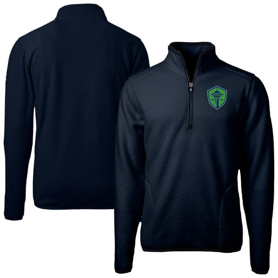 Men's-Cutter & Buck Navy Seattle Sounders FC Cascade Eco Fleece Quarter-Zip Jacket