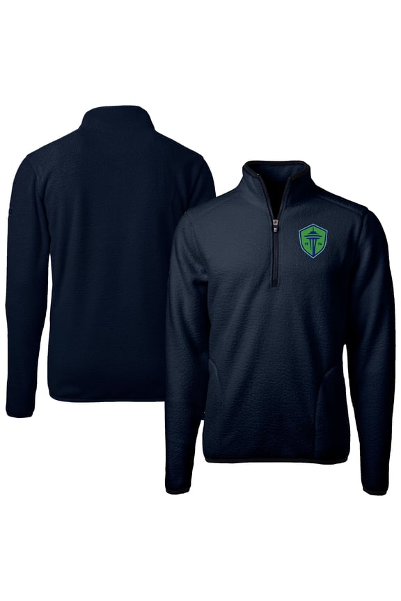 Men's-Cutter & Buck Navy Seattle Sounders FC Cascade Eco Fleece Quarter-Zip Jacket