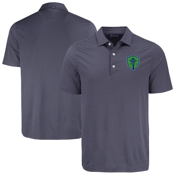 Men's-Cutter & Buck Navy Seattle Sounders FC Forge Eco Fine Line Stripe Stretch Recycled Polo