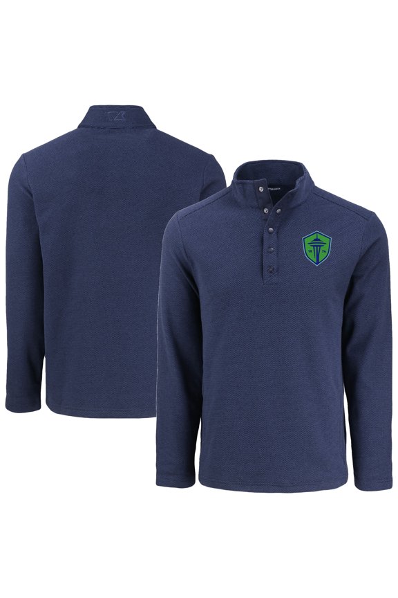 Men's-Cutter & Buck  Navy Seattle Sounders FC Hunts Point Eco Textured Fleece Recycled Quarter-Snap Pullover Top