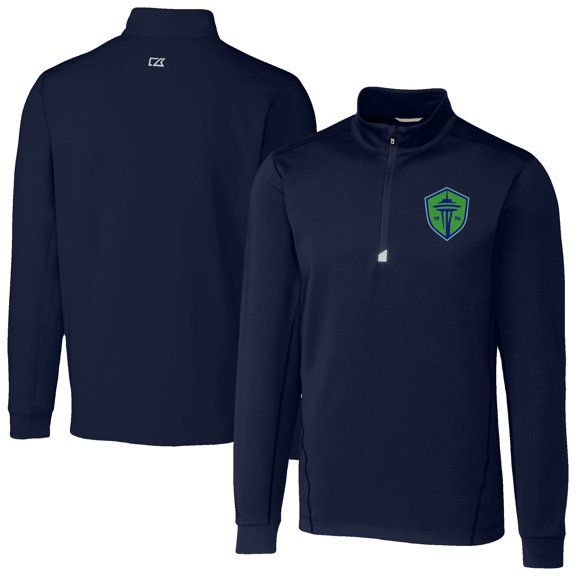 Men's-Cutter & Buck Navy Seattle Sounders FC Traverse Stretch Eco Quarter-Zip Pullover Top