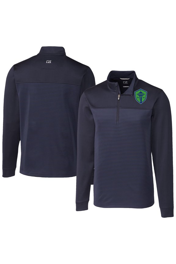 Men's-Cutter & Buck Navy Seattle Sounders FC Traverse Stretch Eco Stripe Tri-Blend Quarter-Zip Top