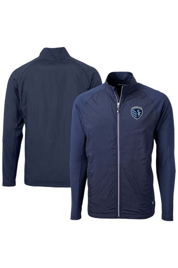 Men's-Cutter & Buck Navy Sporting Kansas City Adapt Eco Knit Hybrid Recycled Full-Zip Jacket